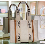 Chloe Medium Woody tote bag in linen canvas and shiny calfskin with Woody ribbon 06