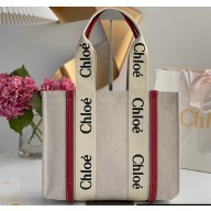 Chloe Medium Woody tote bag in linen canvas and shiny calfskin with Woody ribbon 08