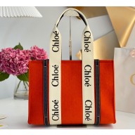 Chloe Medium Woody tote bag in linen canvas and shiny calfskin with Woody ribbon 15