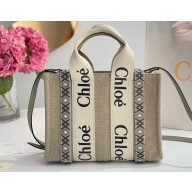 Chloe Small Woody tote bag in linen canvas and shiny calfskin with Woody ribbon and Strap 13