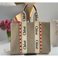 Chloe Large Woody tote bag in linen canvas and shiny calfskin with Woody ribbon 07