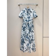 dior White and Pastel Midnight Blue Cotton Voile with Toile de Jouy Mexico Motif Mid-Length Shirt Dress 2024 