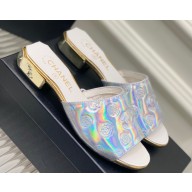 Chanel Camellia Embossed Logo Flat Mules Silver 2023