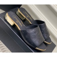 Chanel Camellia Embossed Logo Flat Mules Black 2023