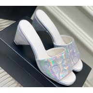 Chanel Camellia Embossed Logo Heel Mules Silver 2023