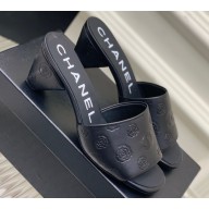 Chanel Camellia Embossed Logo Heel Mules Black 2023