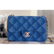 Chanel Small Classic Flap Handbag Denim Light Blue 2023