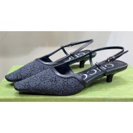 Gucci Heel 3.5cm Fabric slingback pumps Black with Allover GG crystal 2023