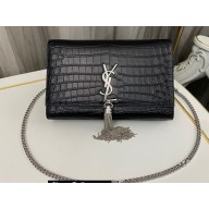 Saint Laurent kate medium chain bag with tassel in crocodile-embossed leather 354119 Black/Silver