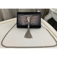 Saint Laurent kate small chain bag with tassel in crocodile-embossed shiny leather 474366 Black/Silver