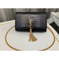 Saint Laurent kate medium chain bag with tassel in crocodile-embossed shiny leather 354119 Black/Gold