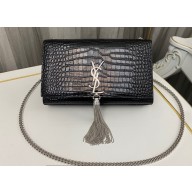 Saint Laurent kate medium chain bag with tassel in crocodile-embossed shiny leather 354119 Black/Silver