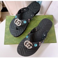 Cheap Sale Gucci Chevron Thong Sandals with Crystal Double G Black
