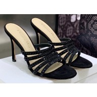 Dior Heel 9.5cm Gem Slides Black in Cotton Metallic Thread Embroidery with Square Strass 2023