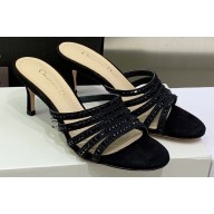 Dior Heel 7cm Gem Slides Black in Cotton Metallic Thread Embroidery with Square Strass 2023