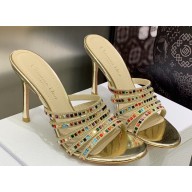 Dior Heel 9.5cm Gem Slides Multicolor in Cotton Metallic Thread Embroidery with Square Strass 2023