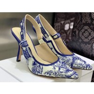 Dior Heel 9.5cm J'Adior Slingback Pumps in Blue Cotton Embroidered with Dior Jardin d'Hiver Motif 2023