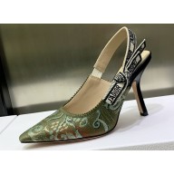 Dior Heel 9.5cm J'Adior Slingback Pumps in Green Brocart Embroidered Cotton with Gold-Tone Metallic Thread 2023
