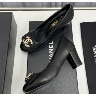 Chanel Heel 6cm Chain Crystal and Pearl CC Logo Pumps Leather Black 2023