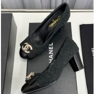 Chanel Heel 6cm Chain Crystal and Pearl CC Logo Pumps Tweed Black 2023
