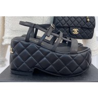 Chanel Heel 7.5cm Platform Quilting Logo Sandals Black 2023