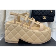Chanel Heel 7.5cm Platform Quilting Logo Sandals Beige 2023