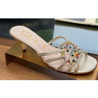 Gucci Heel 4.5cm Slide Sandals Gold with crystals Interlocking G 2023