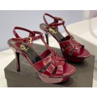 Saint Laurent Heel 10.3cm Platform 2.5cm Tribute Sandals in Patent Leather 315490 Burgundy