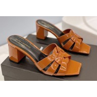 Saint Laurent Heel 6.5cm Tribute Mules Slide Sandals in Patent Leather Brown