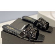 Saint Laurent Tribute Flat Mules Slide Sandals in Patent Leather 571952 Black