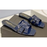 Saint Laurent Tribute Flat Mules Slide Sandals in Patent Leather 571952 Blue