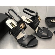 Chanel Heel CC Logo Sandals Leather Black 2023