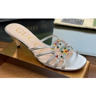 Gucci Heel 4.5cm Slide Sandals Silver with crystals Interlocking G 2023