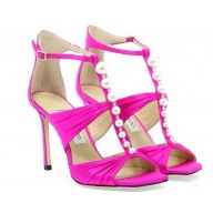 Jimmy Choo Heel 8.5cm Aura caged satin Sandals Fuchsia with Pearls 2023
