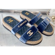 Chanel Logo Velvet Beach Mules Blue 2023