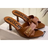 Moschino Heel 6.5cm Metal Logo foiled calfskin sandals Brown 2023