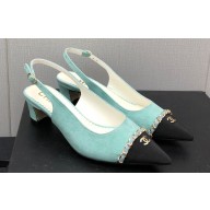 Chanel Chain Heel Grosgrain Sling-Back Pumps G39643 Suede Calfskin Blue 2023