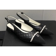 Chanel Chain Grosgrain Flat Sling-Back Pumps Lambskin Quilting Black 2023