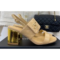 Chanel Gold Heel 7cm Patent Goatskin Sandals Beige 2023