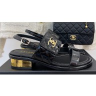 Chanel Gold Heel 3cm Patent Goatskin Sandals Black 2023