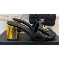 Chanel Gold Heel 7cm Patent Goatskin Mules Black 2023