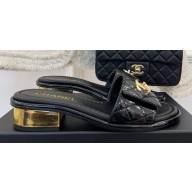 Chanel Gold Heel 3cm Patent Goatskin Mules Black 2023