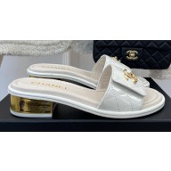 Chanel Gold Heel 3cm Patent Goatskin Mules White 2023