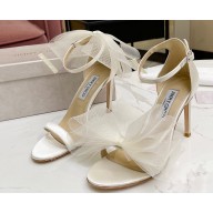 Jimmy Choo Heel 8.5cm/10cm Aveline Sandals Satin White with Asymmetric Grosgrain Mesh Fascinator Bows 2023
