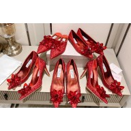 Jimmy Choo Heel 10.5cm/8.5cm/7.5cm Crystal Covered Pointy Toe Pumps/Flats/Mules Red 2023