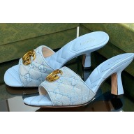 Gucci Heel 7.5cm GG embroidered Slide Sandals Canvas Blue With Double G 2023