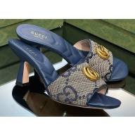 Gucci Heel 7.5cm GG embroidered Slide Sandals Canvas Dark Blue With Double G 2023