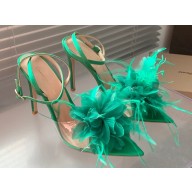 Gianvito Rossi Heel 10.5cm YNEZ Sandals Green with flower in satin and feathers 2023