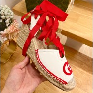 Gucci Heel 9.5cm platform Leather espadrilles sandals with ribbon tie 725834 White/Red 2023