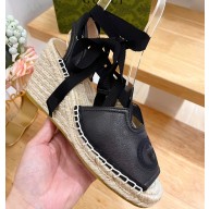 Gucci Heel 9.5cm platform Leather espadrilles sandals with ribbon tie 725834 Black 2023